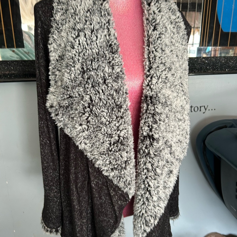 Women's Black Sweater with Gray Fur Trim